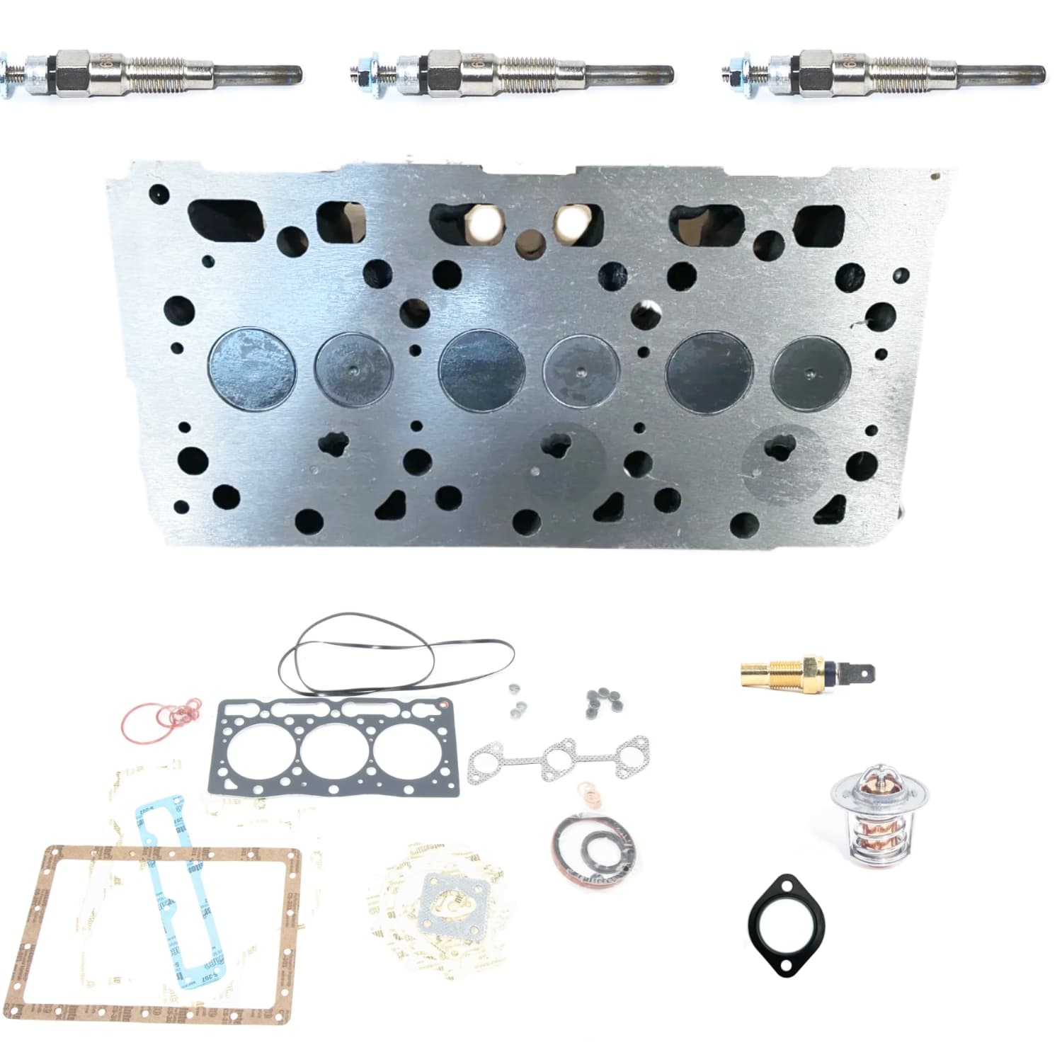 Cilinderkop Kubota D1105 compleet + pakkingset + Gloeibougies | Thermostaat | Kleppen - 2